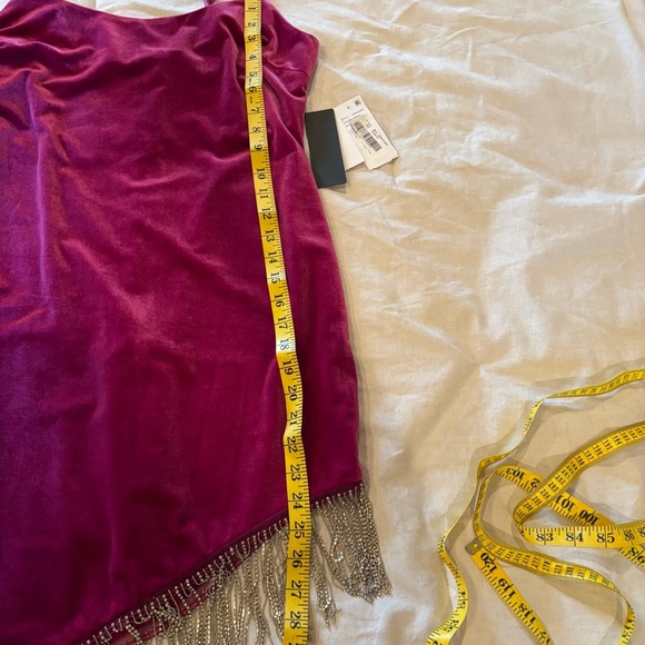 NWT City Vibe Velvet Fringe Asymmetrical Hem Bodycon Dress in Berry, size 11 - Picture 13 of 15